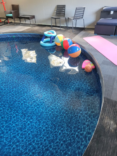 A swimming pool with inflatable toys in the middle of it